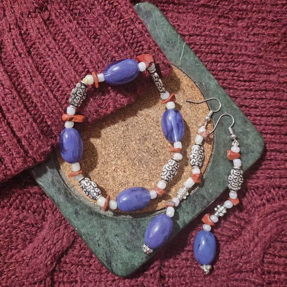 Blue Beaded Bracelet & Matching Dangle Earrings Set – Silver & Coral Accents - Picture 2 of 5